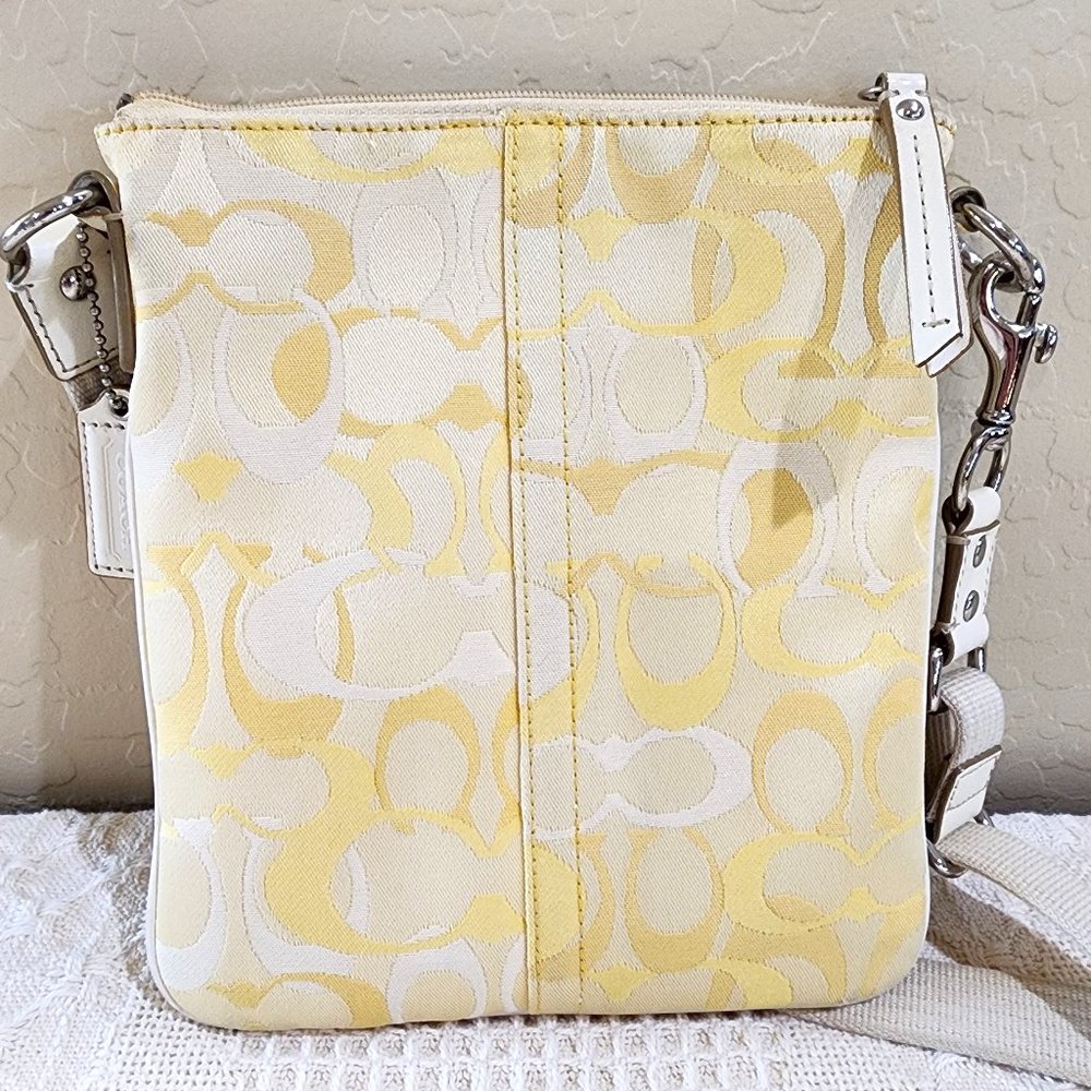 Coach Signature Stripe Yellow C Canvas Logo White Leather Crossbody Purse Bag - Picture 2 of 13